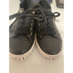 Guess Black Leather Low-Top Sneakers with Gold Accents Casual Fashion Shoes 7.5